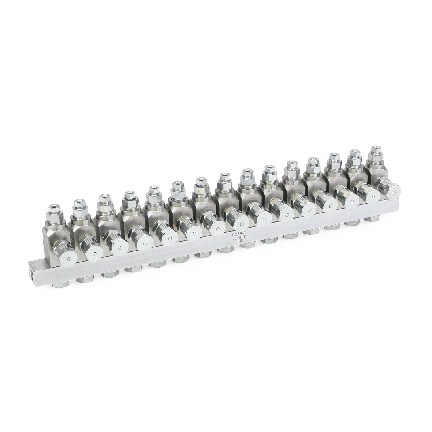 1 Inyector de aceite GL-42™, acero al carbono, colector de 15 inyectores, 1/8 NPT x 1/8